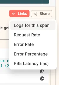 Tempo trace span detail showing available correlation link actions including Logs for this span and metric query shortcuts