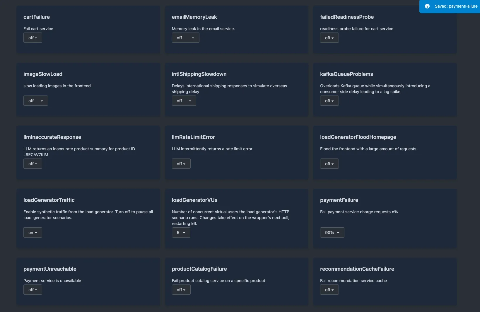 Flagd configurator showing paymentFailure flag set to 90%