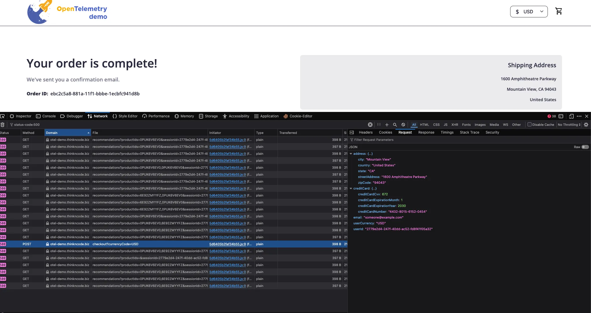 Browser showing the OpenTelemetry demo checkout page with a payment failed error response