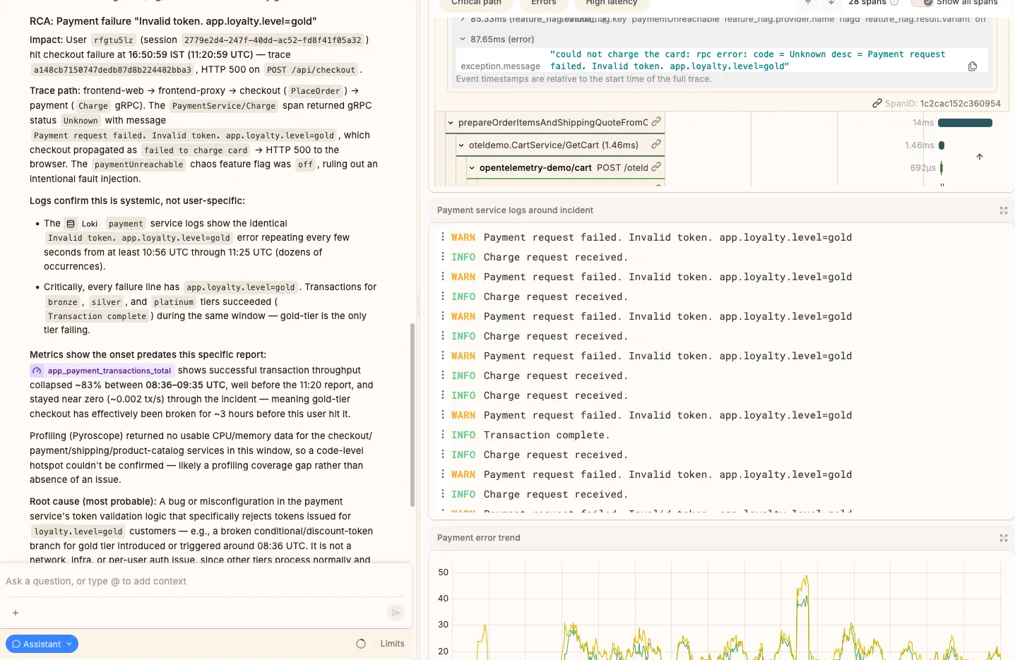 Grafana AI assistant detail view showing the trace ID and log evidence cited in the investigation
