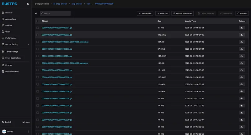 RustFS Console with Backups